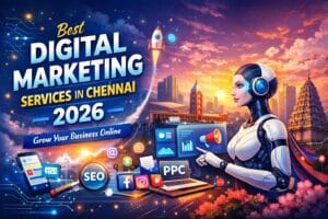 Best digital marketing services in Chennai 2026 banner showing AI, SEO, social media icons, and city skyline
