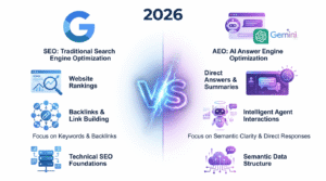  Answer Engine Optimization vs SEO comparison infographic showing key differences in 2026