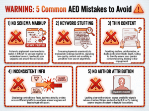 Common Answer Engine Optimization mistakes infographic showing what to avoid